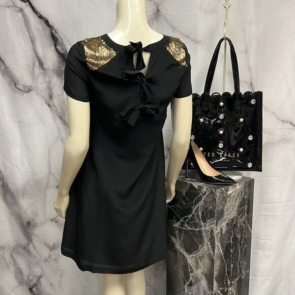 Madewell black silk shift with bronze sequin shoulders cap sleeve - Picture 4 of 5